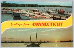 1960's GREETINGS FROM CONNECTICUT 2 VIEWS BOATS MARINA VINTAGE POSTCARD