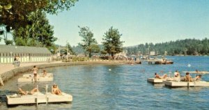 Postcard  View of Sun Bathing and Boating on Shore of Lake Arrowhead, CA.  S2