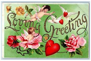 Limestring Iowa IA Postcard Loving Greeting Hearts Dove Angel 1912 Embossed