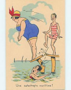 Pre-Chrome foreign risque FAT GIRL IN BATHING SUIT BREAKS DIVING BOARD HL8637