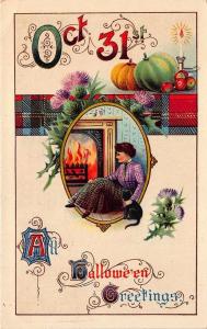 All Halloween Greetings Fireside Pumpkins Oct. 31 Postcard