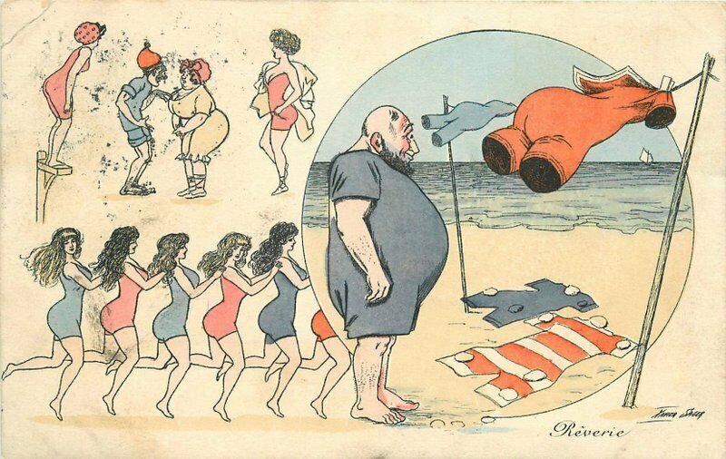 1911 French Beach Bather Reverie Sexy Women Fat Man Humor Xavier Sager Postcard