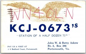 1963 QSL Radio Card WN4OLN Portsmouth VA Amateur Radio Station Posted Postcard