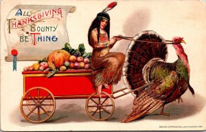 Vintage 1911 Schmucker Indian Winsch Woman, Turkey & Cart Thanksgiving Postcard