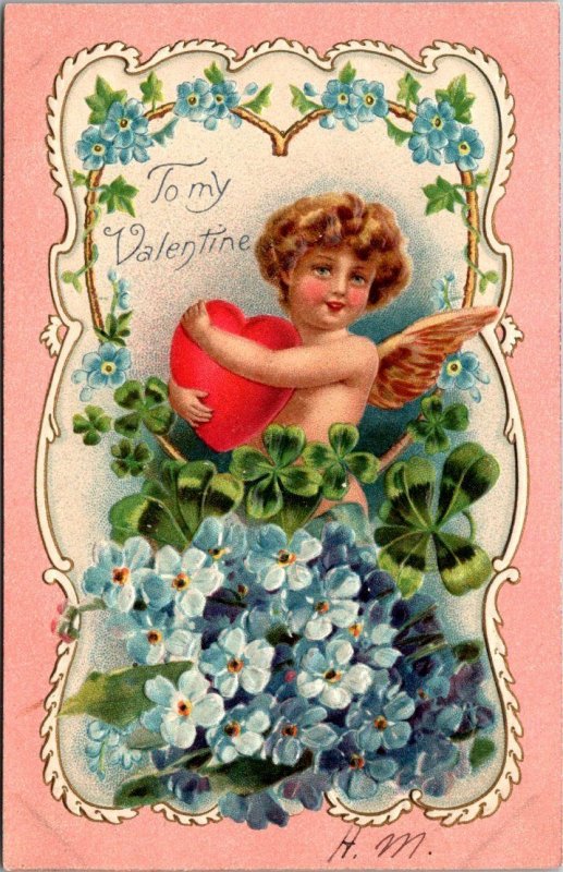 Valentine's Day Cupid With Red Heart and Blue Flowers