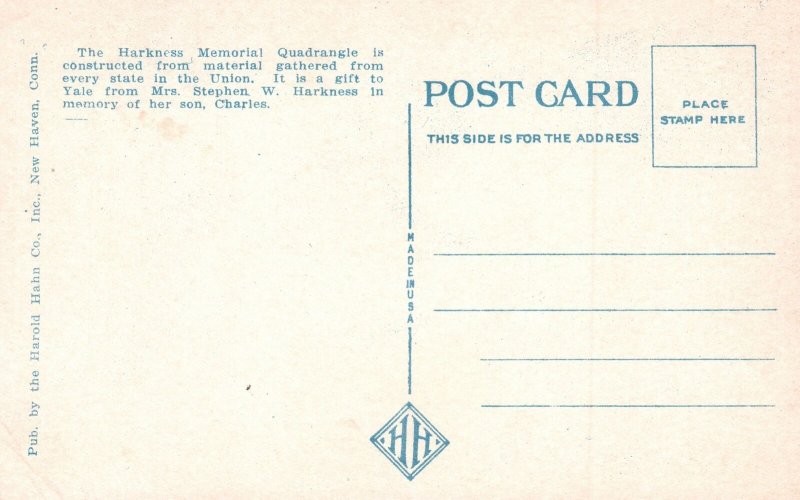 Vintage Postcard 1920's Branford Court Harkness Memorial Quadrangle Yal Univ. CT