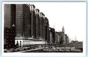 RPPC  CHICAGO, IL ~ Michigan Avenue STEVENS HOTEL Skyline ca 1930s Postcard