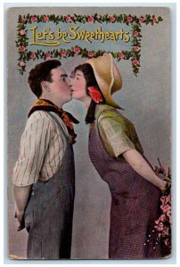 Romance Postcard Couple Kissing Let's Be Sweethearts Flowers c1910's Antique