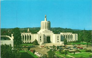 Scenic View Oregons OR State Capitol Old Cars Statue US Flag Postcard UNP VTG 