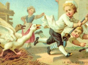 1870's-80's Hogg, Brown & Taylor Cute Kid Chef Chased By Geese Birds Card F78