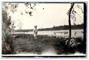 c1910's Little Boy Fishing Pond Scene RPPC Photo Unposted Antique Postcard