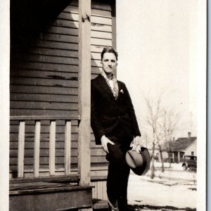 c1910s Young Man Horse Porch Pose RPPC Handsome Fashion Hat Suit Winter Car A212