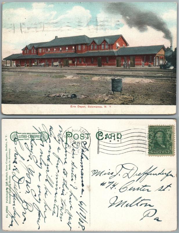 SALAMANCA N.Y. ERIE RAILROAD STATION 1908 ANTIQUE POSTCARD railway depot