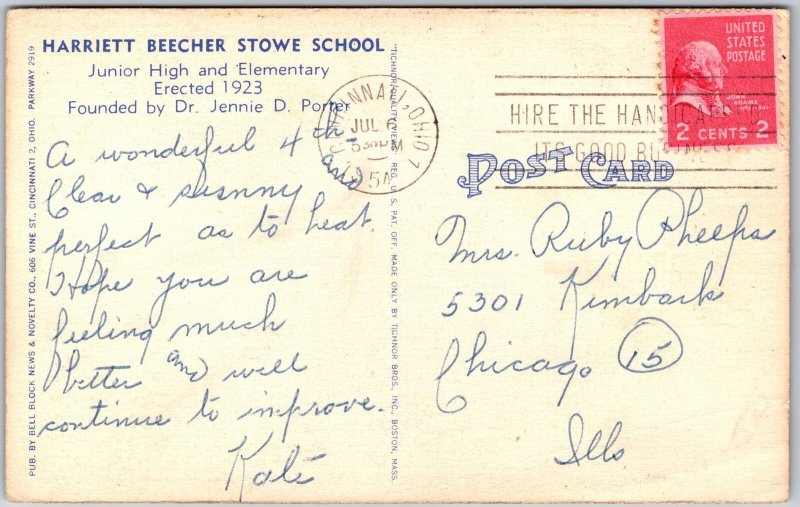 Cincinnati Ohio OH, 1954 Harriet Beecher Stowe School, Huge Grounds, Postcard