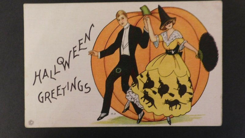 Mint Original Halloween Greetings Postcard Dancing Couple W Pumpkin 