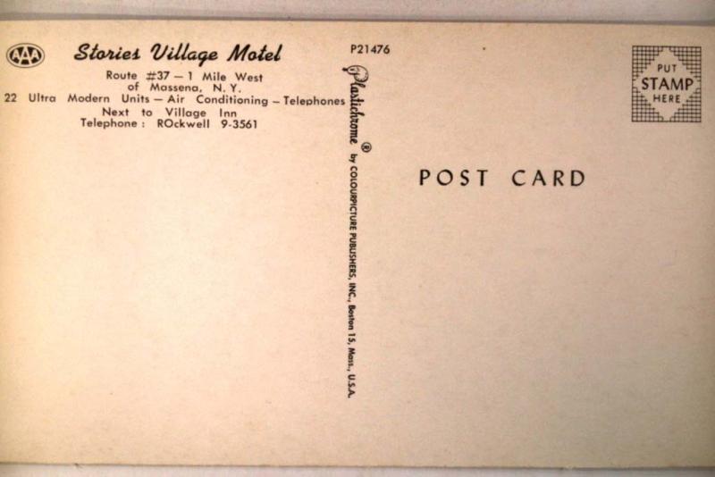 Unused 1950's STORIES VILLAGE MOTEL Massena New York NY postcard y3044