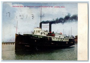 1915 Steamer City Of Chicago Leaving Harbor Of St. Joseph Michigan MI Postcard