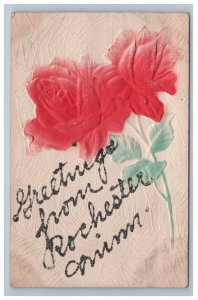 Airbrushed Greetings From Rochester Minnesota Rose Flower Postcard Embossed Mica