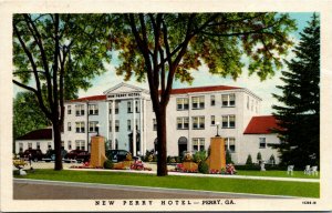 Postcard GA Perry New Perry Hotel - Classic Cars - Route 7 & 41 & 341 1940s J2