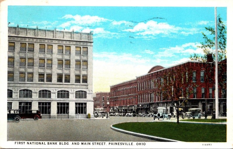 Ohio Painesville First National Bank Building and Main Street 1930 Curteich