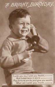 Boy Telephoning To Chat on Antique Radio Microphone Style Old Telephone Postcard