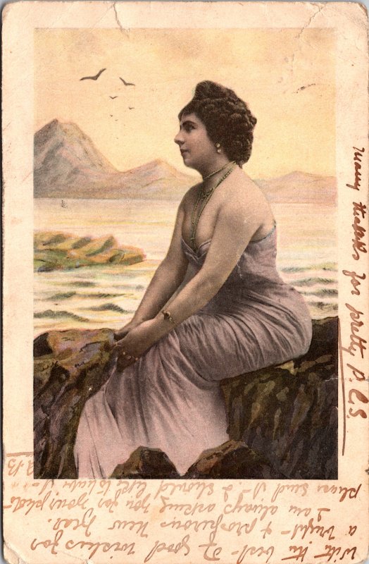 Lady on Rock India Postcard used 1905 to Calcutta