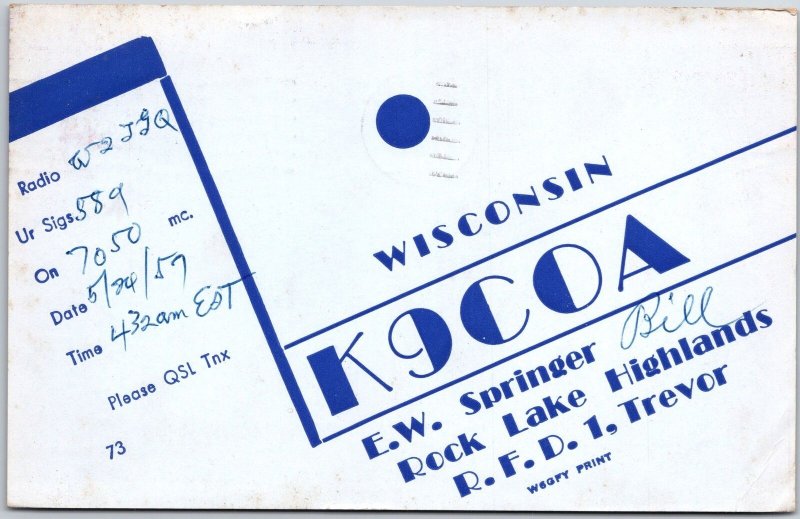 1957 QSL Radio Card Code K9COA Wisconsin Amateur Radio Station Posted Postcard