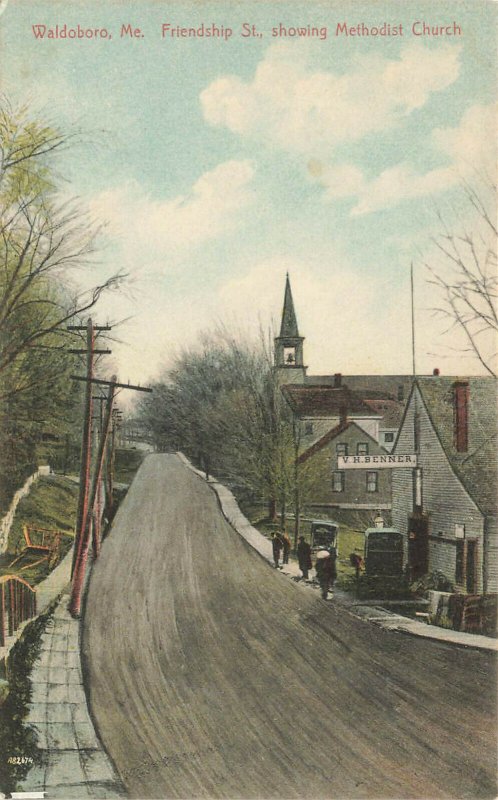 Waldoboro ME Friendship Street Showing Methodist Church Postcard 