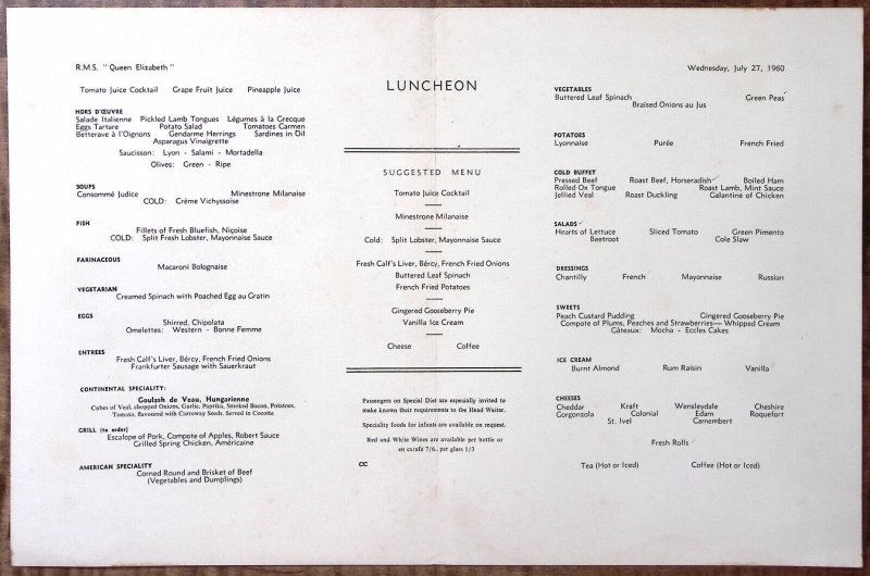 1960 CUNARD CRUISE SHIP RMS QUEEN ELIZABETH MENU BASIL EDE BRITISH BIRDS Z5603