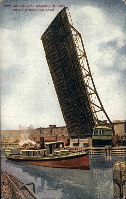 CHICAGO IL Kinzie Street Sigle Leaf Bascule Bridge c1910 Postcard