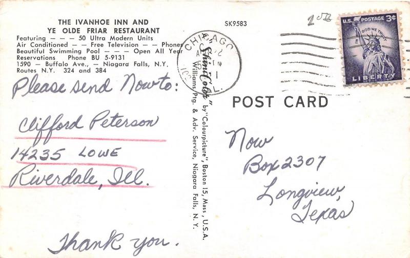 Niagara Falls New York~Ivanhoe Inn & Ye Olde Friar Restaurant~1961 Postcard