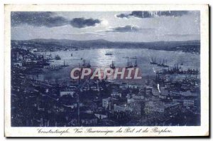 Postcard Old Constantinople panoramic view of the port and the Bosphorus boat