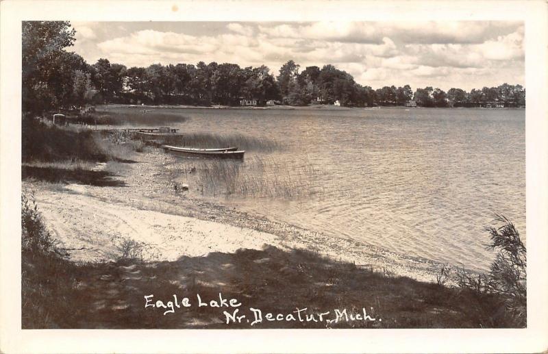 Decatur Michigan Eagle Lake Rowboat Along Reedy Shore Docks Cabins