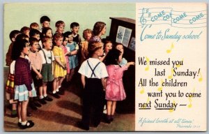 We Missed You In Sunday School 1950s Postcard Children Boys Girls Singing Piano