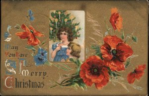 Christmas Children Girls Flowers Poppies Gilt Embossed c1900s-20s Postcard