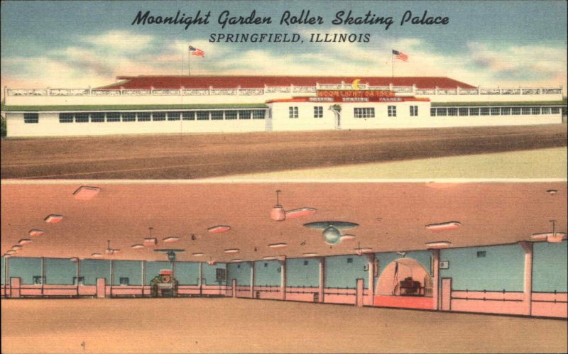 Springfield IL Moonlight Garden Roller Skating Runk LINEN Postcard