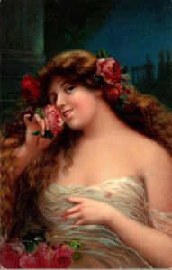 Beautiful Lady With Roses 1907
