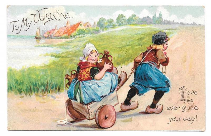 Tuck Valentine Dutch Boy Pulling Girl Cart Uphill Postcard