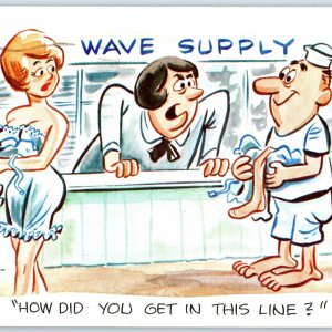 7 Oversized c1950s US Navy Women WAVES Comic Postcard Creepy Man USN Sailor 1S