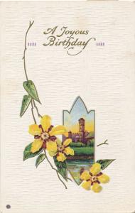 Joyous Birthday Greetings - Flowers and Church Scene - pm 1916 - DB