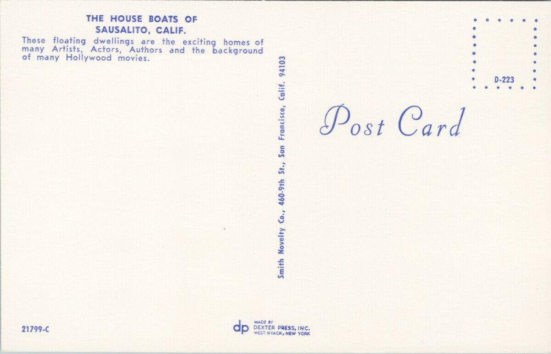 Sausalito CA House Boats Birdseye Unused Vintage Postcard F65