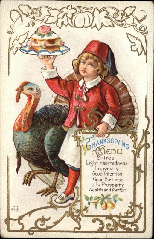 Thanksgiving Little Girl Chef Platter of Food Menu Turkey c1910 Vintage Postcard