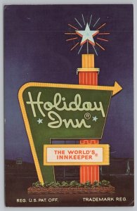 Mattoon Illinois~Holiday Inn Welcome Sign @ Night~Roadside Vintage Postcard