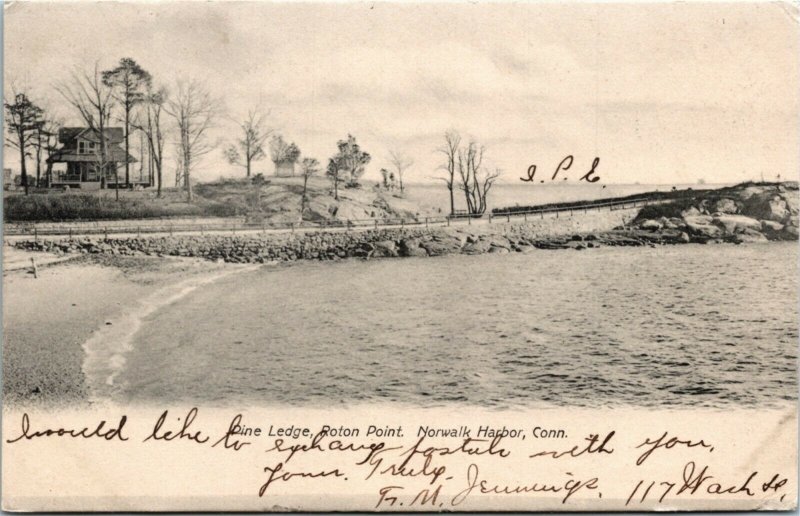 Postcard CT Norwalk Harbor Pine Ledge Roton Point UDB Duplex Cancel 1906 K35