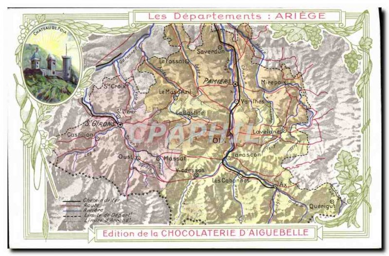 Old Postcard geographical map of Chocolaterie & # 39Aiguebelle Ariege
