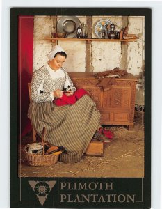 Postcard Housewife Mending Clothing Plimoth Plantation Massachusetts USA