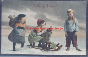 Christmas, Unknown Gelatin No 1381-3, Children with Sleigh & Gifts on Snow