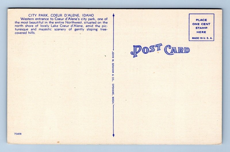 City Park Coeur d'Alene Lake Idaho ID UNP Unused Linen Postcard M9