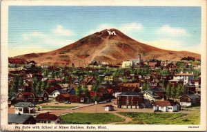 Linen Postcard Big Butte with School of Mines Emblem in Butte, Montana