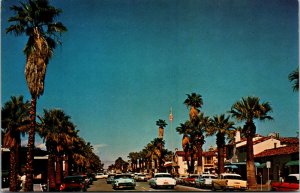 Vtg 1950s Palm Canyon Drive Plaza Shopping Old Cars Palm Springs CA Postcard